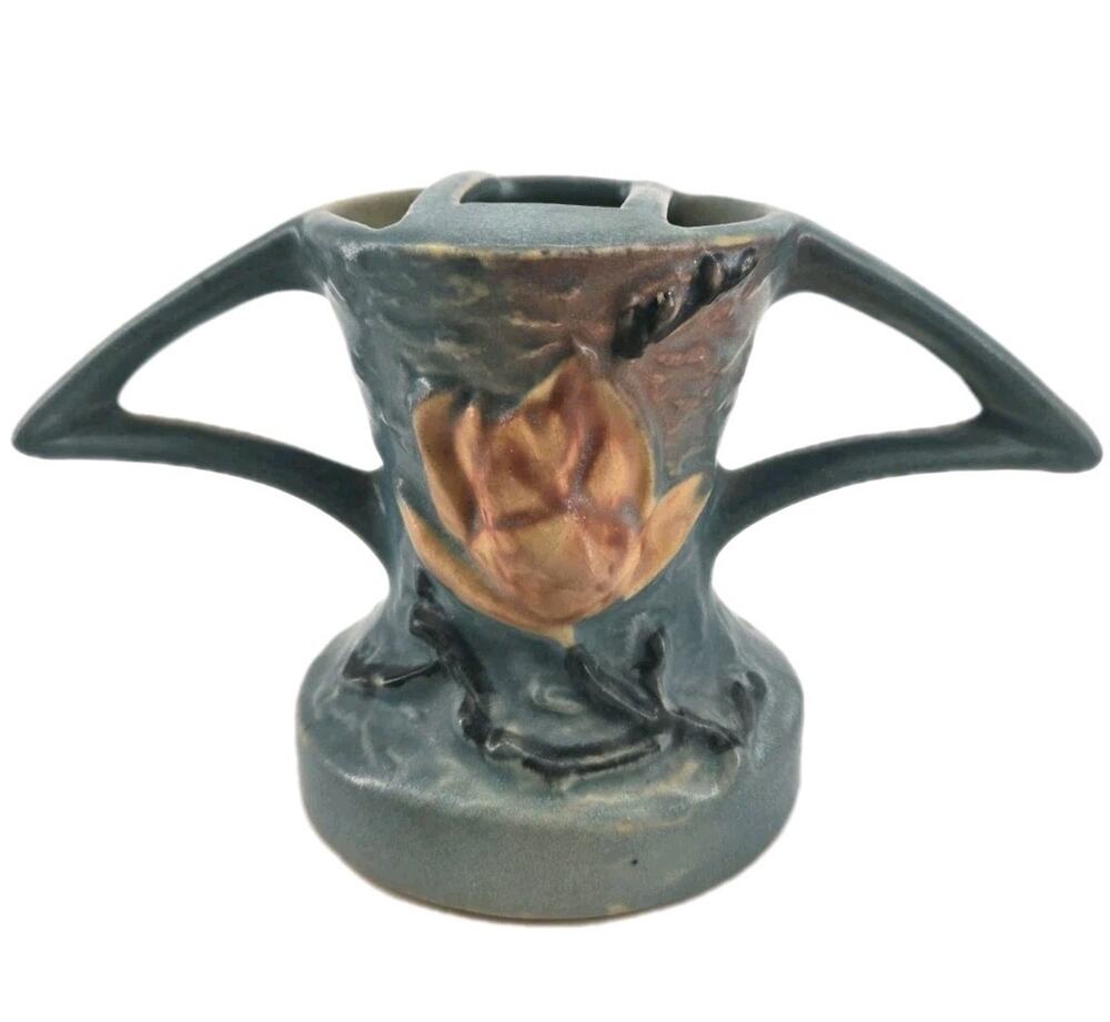 Vtg 40s Roseville Pottery Magnolia Blue Flower Frog Raised Two Handled #49